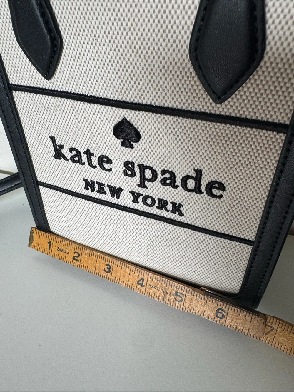 kate spade Ellie Mini Black Leather Cream Structured Canvas Crossbody Tote